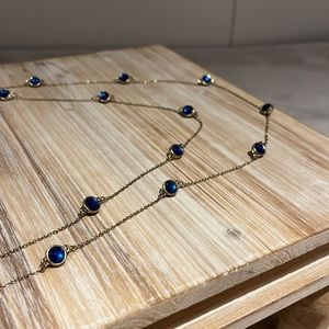 5. LIKE NEW, GOLD NECKLACE, BEAUTIFUL BLUE GEMS, APPROX. 17” LENGTH, LAYERED